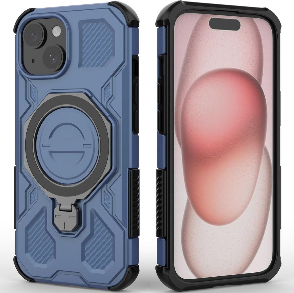 Robuste Handyhülle für iPhone 15 Plus mit Ringhalter Ständer Stoßfest, Magnetisch, Dual-Layer Schutz Blau