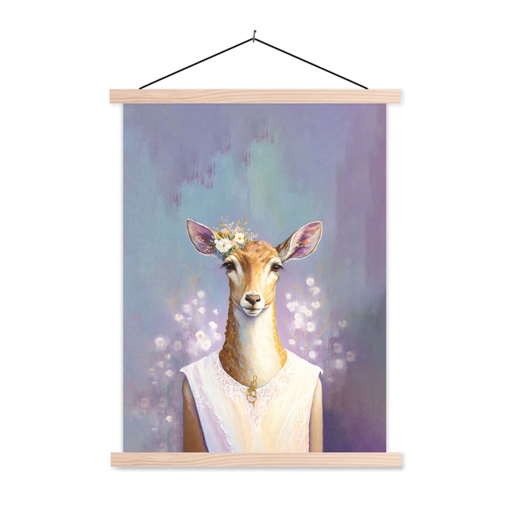 MuchoWow Textilposter Hirsche - Blumen - Gemälde - Porträt - Tiere 120x160 cm mit holzfarbenen Rahmen - Plakatkarton