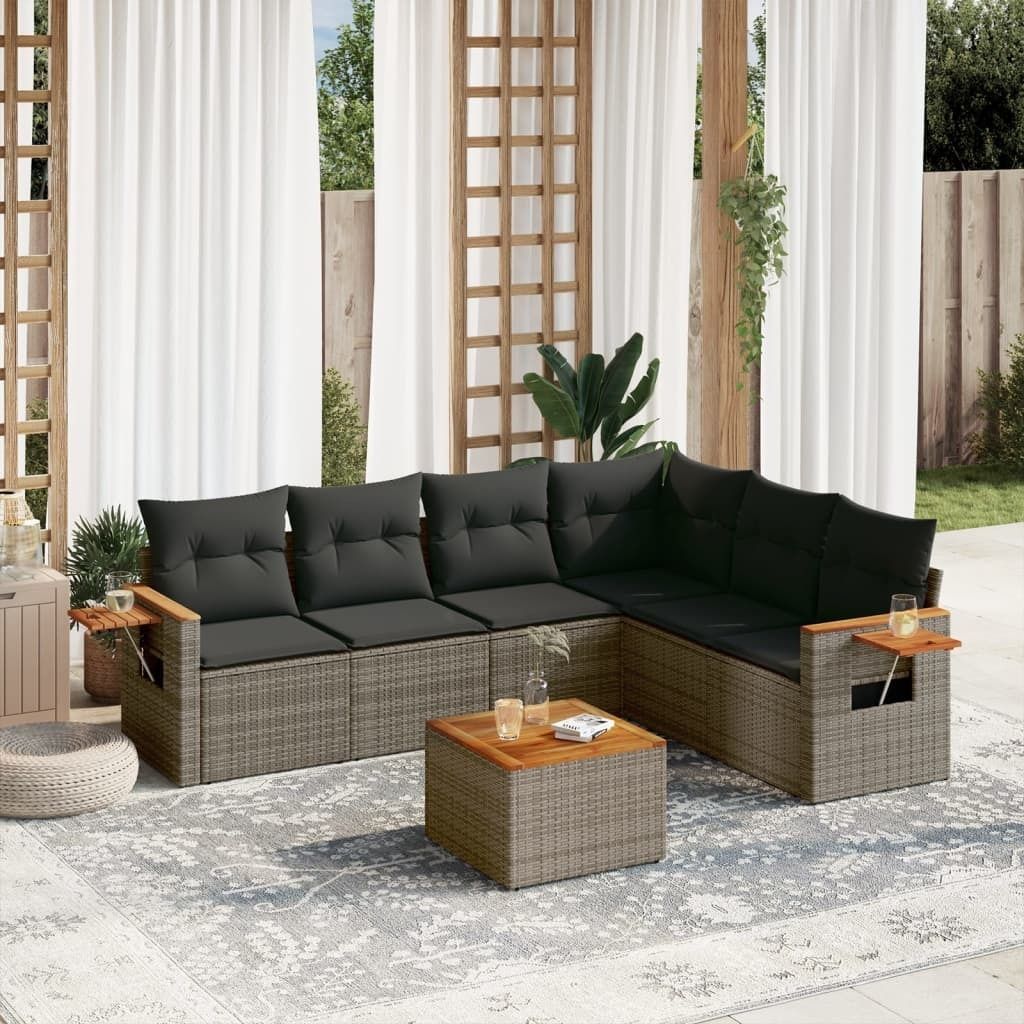 Design 7-tlg. Garten-Sofagarnitur mit Kissen Grau Poly Rattan, Gartenmöbel-Sets 2024 Neu