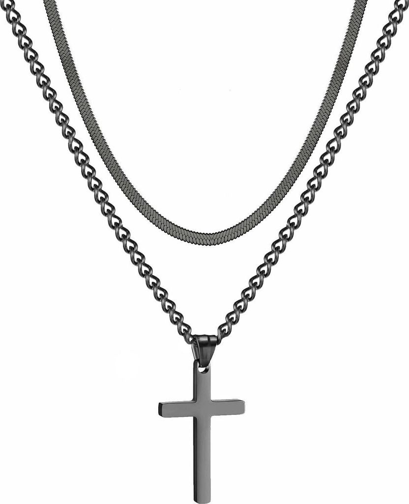Herren Kreuzkette Edelstahl Schwarz Silber Gold Layered Produktbild 