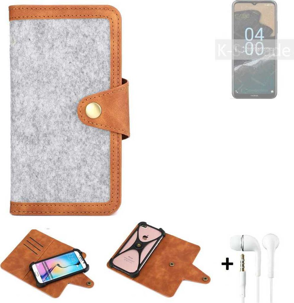 K-S-Trade Handyhülle + Kopfhörer kompatibel mit Nokia G400 5G Schutzhülle Filz Hülle Kunstleder hellgrau braun (1x)