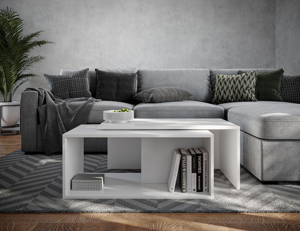 PLATAN ROOM Couchtisch Kaffeetisch weiß 2er Set 90x48x40 cm, moderner Wohnzimmertisch, Sofatisch mit Stauraum, Satztisch