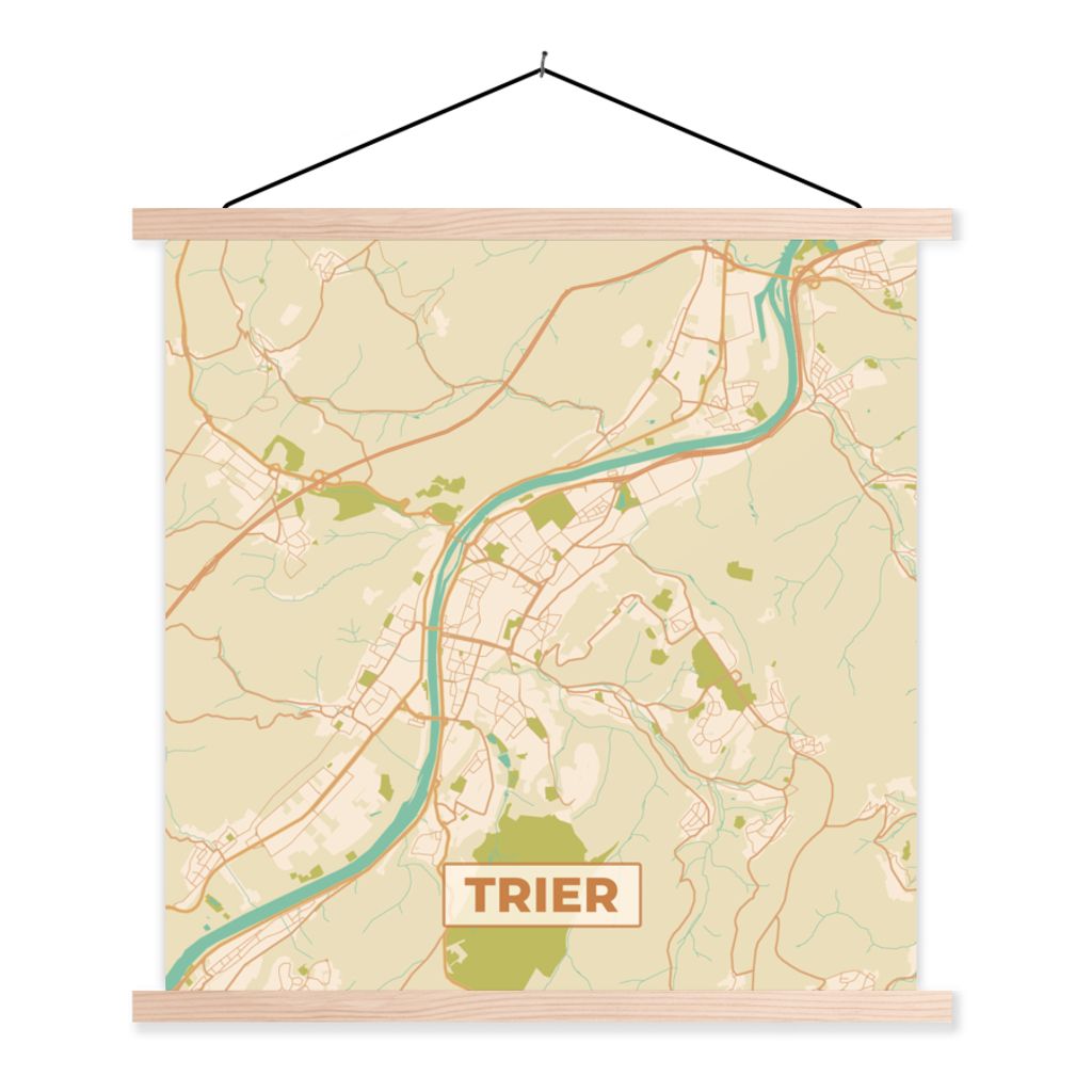 MuchoWow Textilposter Trier - Jahrgang - Karte - Stadtplan 60x60 cm mit holzfarbenen Rahmen - Wanddekoration