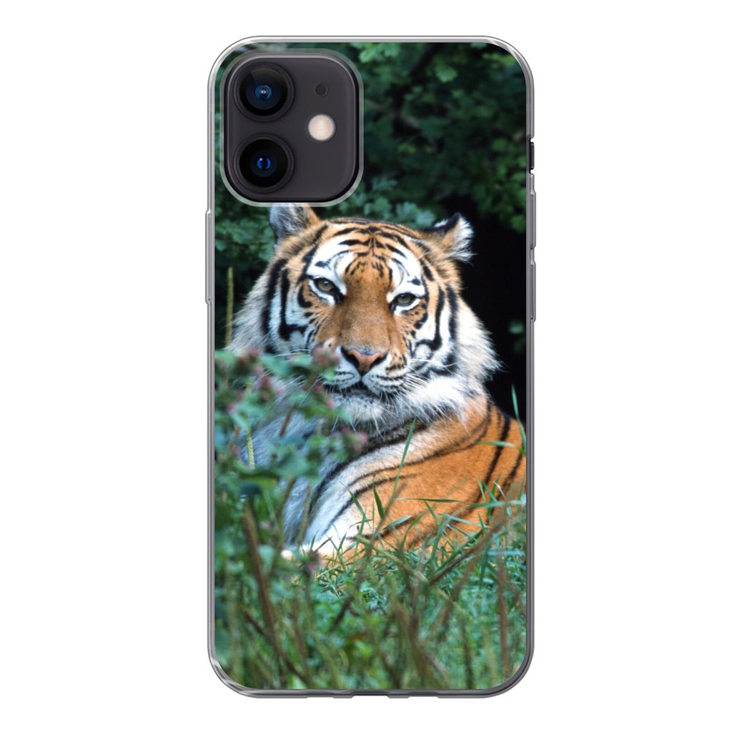 MuchoWow Handyhülle Schutzhülle Hülle für iPhone 12 Tiger - Gras - Grün Silikon Softcase Handy Hülle - Schutzhülle