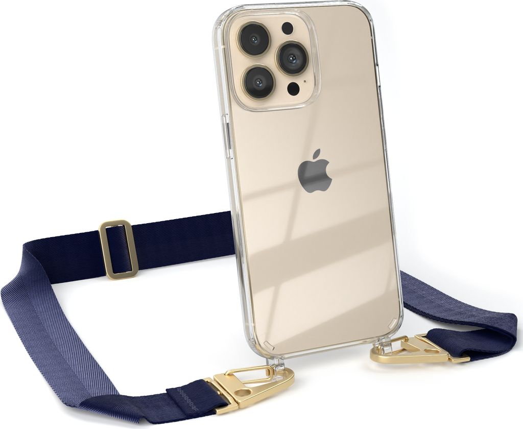EAZY CASE - Hülle mit Band für Apple iPhone 13 Pro, Handyhülle mit Umhängeband, Silikonhülle transparent, Handykette in Blau