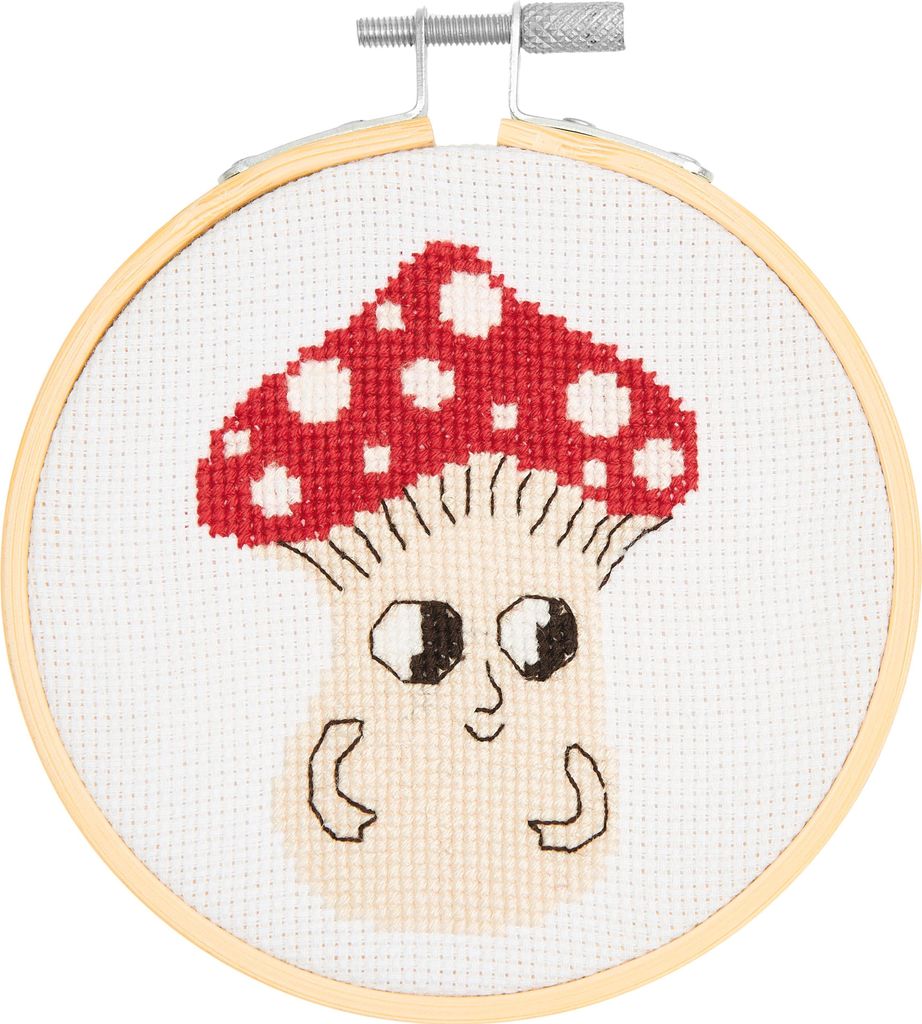 Stickpackung Gezählter Kreuzstich, Shroom kleiner Pilz, inkl. Stickring Ø 10 cm