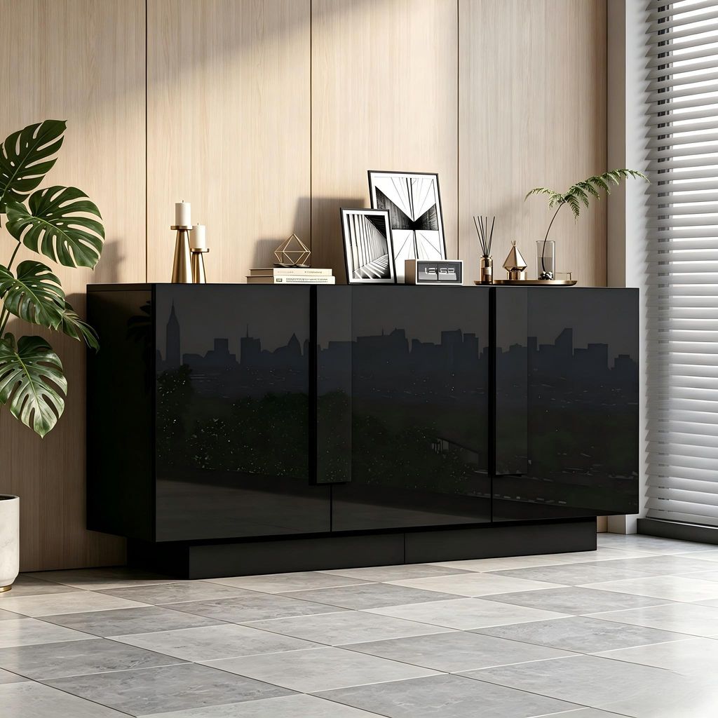 Merax Hochglanz Sideboard mit 3 Türen und 6 Fächern, Hochglanz Kommode mit Spanplatte, moderner Wohnzimmerschrank mit Stauraum, Schwarz