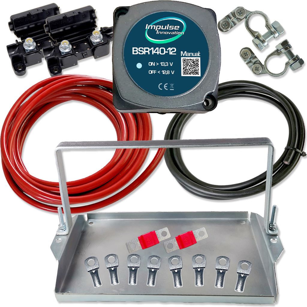 Zweitbatterieset | BSR140-12 | Automatik Trennrelais 12V 140A | 6m 10mm² Cu-Kabelsatz | Universal Doppel-Batteriehalter