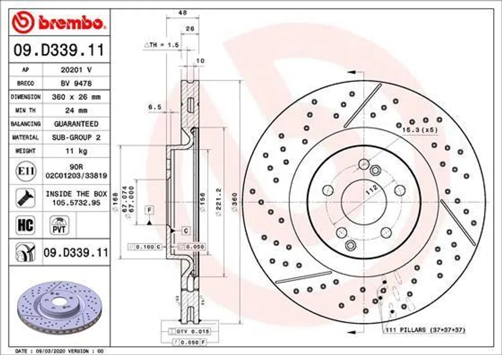 Disque de frein Brembo 09.D339.11 Anti-Vibration pour Mercedes GLC