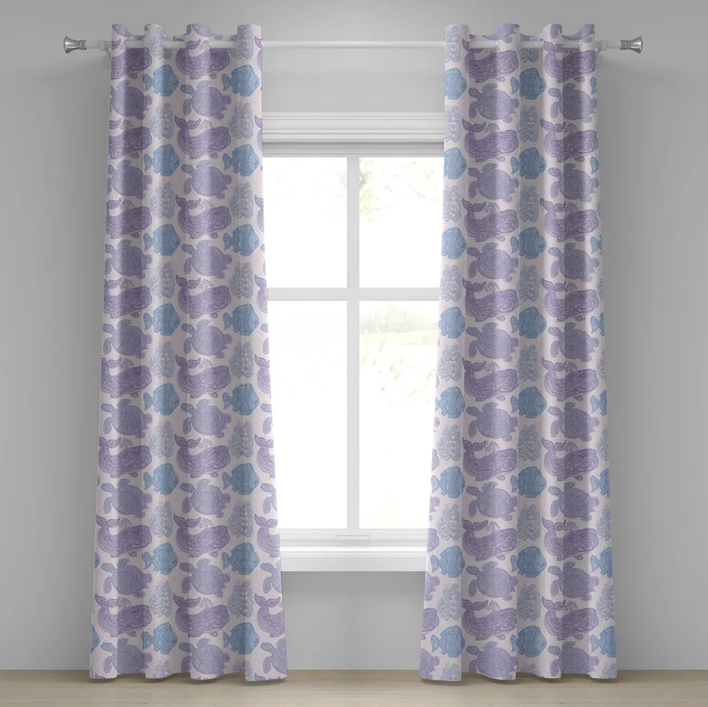 Rideaux décoratifs 2 panneaux motif Tortue et Poissons 280 x 175 cm Bleu