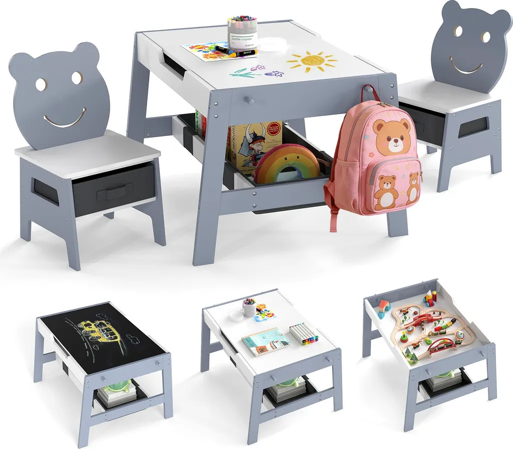 Set Tavolo e 2 Sedie COSTWAY 5 in 1 Grigio | Scrivania Disegno Bambini
