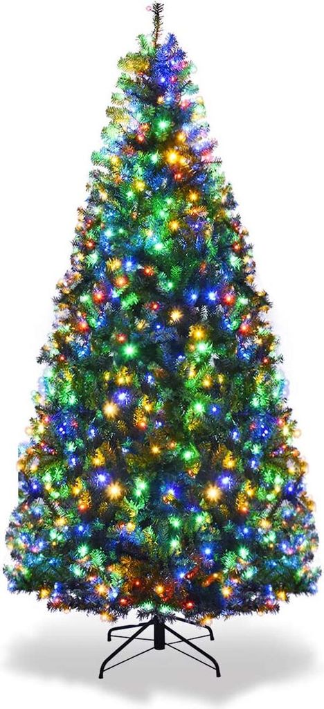 GOPLUS 210cm Künstlich Weihnachtsbaum mit LED-Leuchten farbwechselbar mehrfarbig, Kunsttannenbaum aus PVC Christbaum dekorierter Tannenbaum