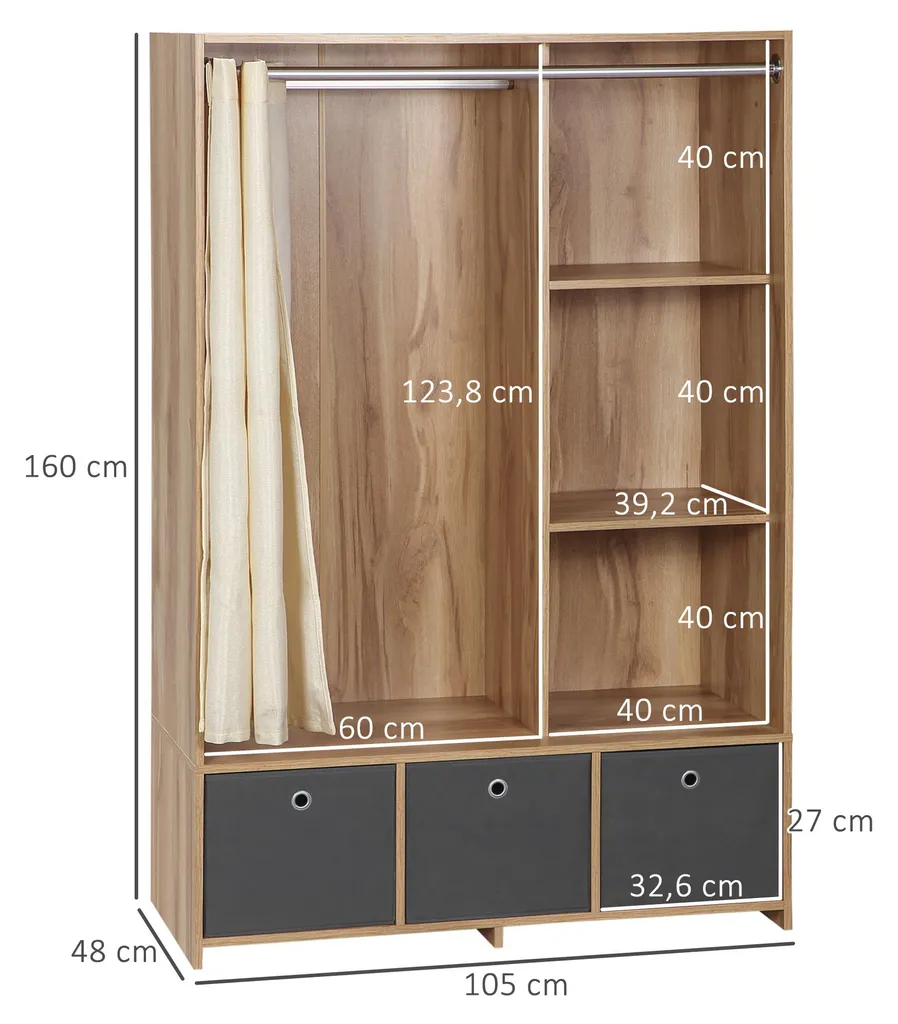 Dressing armoire de rangement en tissu et bois naturel avec tiroirs