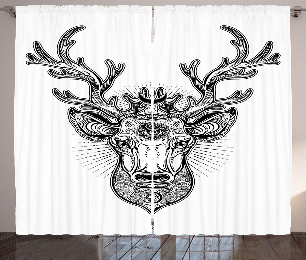 Rideau pour Salon Design Cerf et Forêt Anthracite et Blanc 280x225 cm