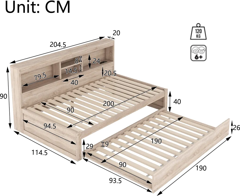 AIORBER Canapé-lit 90x200cm extensible avec LED et port USB intégré