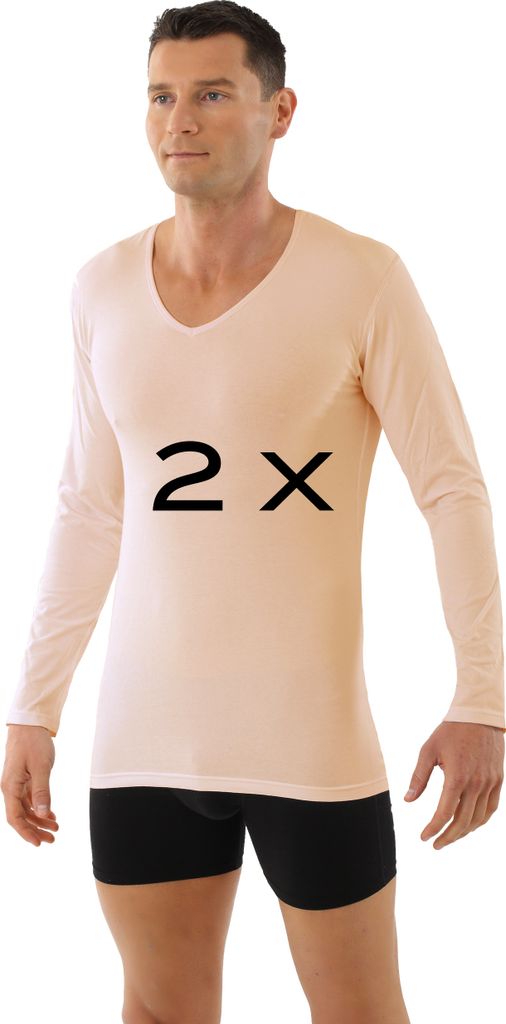 ALBERT KREUZ 2-Pack Unterhemd Langarm V-Ausschnitt Stretchbaumwolle beige, 04/S