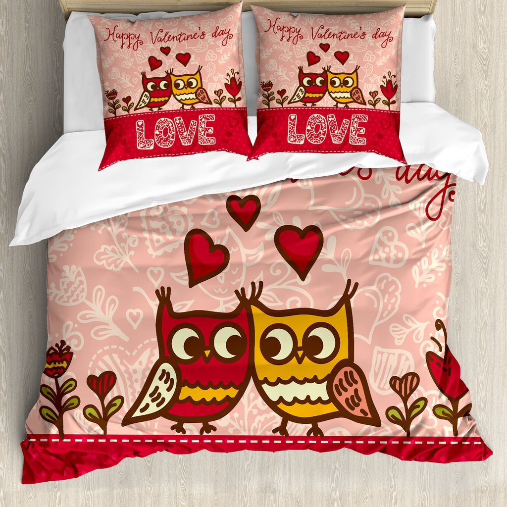 ABAKUHAUS Valentinstag Bettbezug, Eulen-Liebe-Herz, Milbensicher Allergiker geeignet mit Kissenbezügen, 155 cm x 220 cm - 80 x 80 cm, Rosa, Rot, Gelb