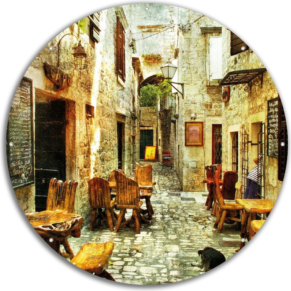 Wallario rundes Outdoor-Poster für Garten oder Balkon, Motiv Italienische kleine Gasse, 60 cm Durchmesser