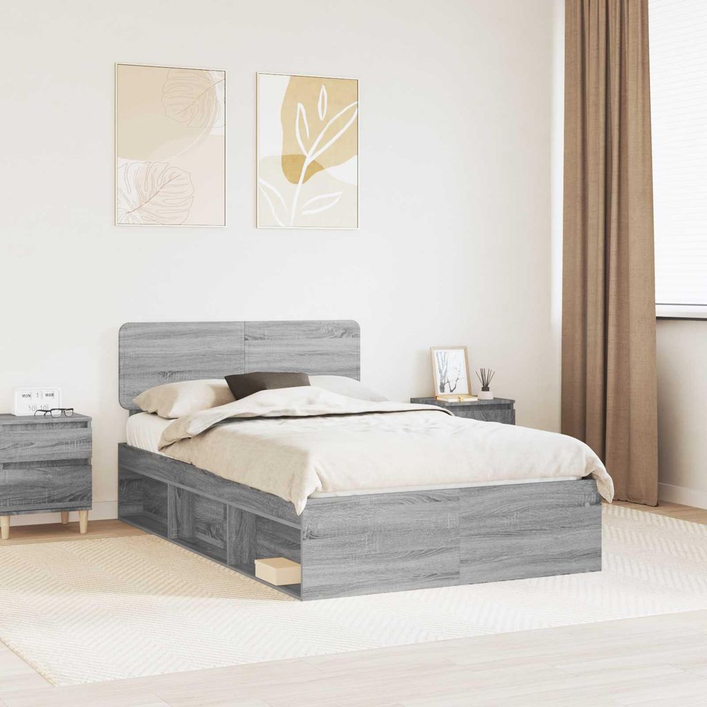 "Schlussverkauf" Einzelbett 1 PLACE - bettrahmen moderne - Graues Sonoma 135x190 cm Massives Kiefernholz C2291