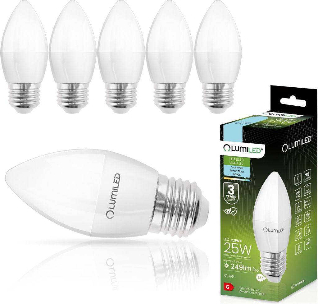 LUMILED B35 E27 LED Lampe 2,5W (ersetzt 25W), 249 Lumen, Kerze Milch Glas Leuchtmittel in Kerzeform 6500K Kaltweiß Birne Lampen 180° Grad Abstrah...