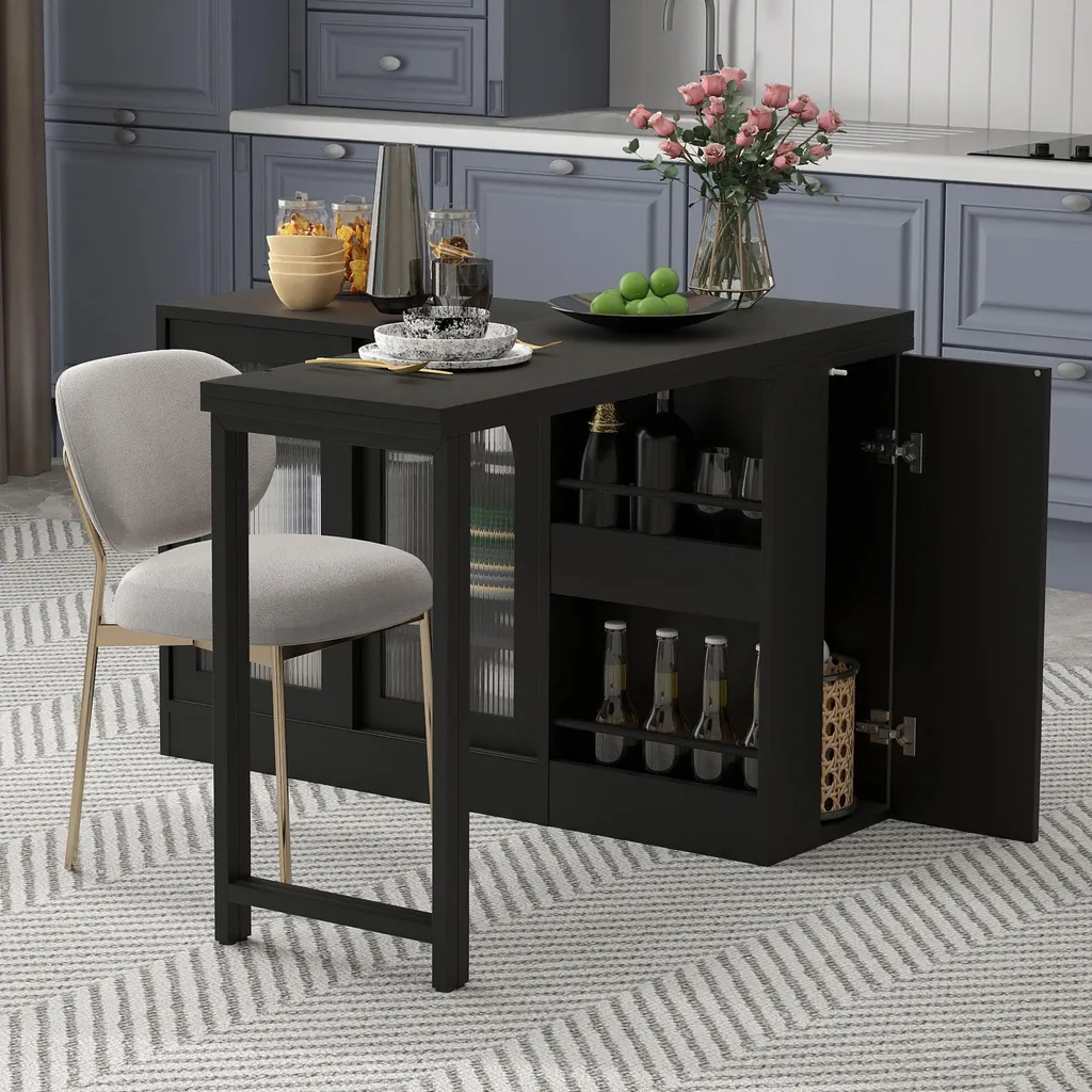 Table de Bar Pivotante 360° avec Rangement Intégré et Portes en Verre