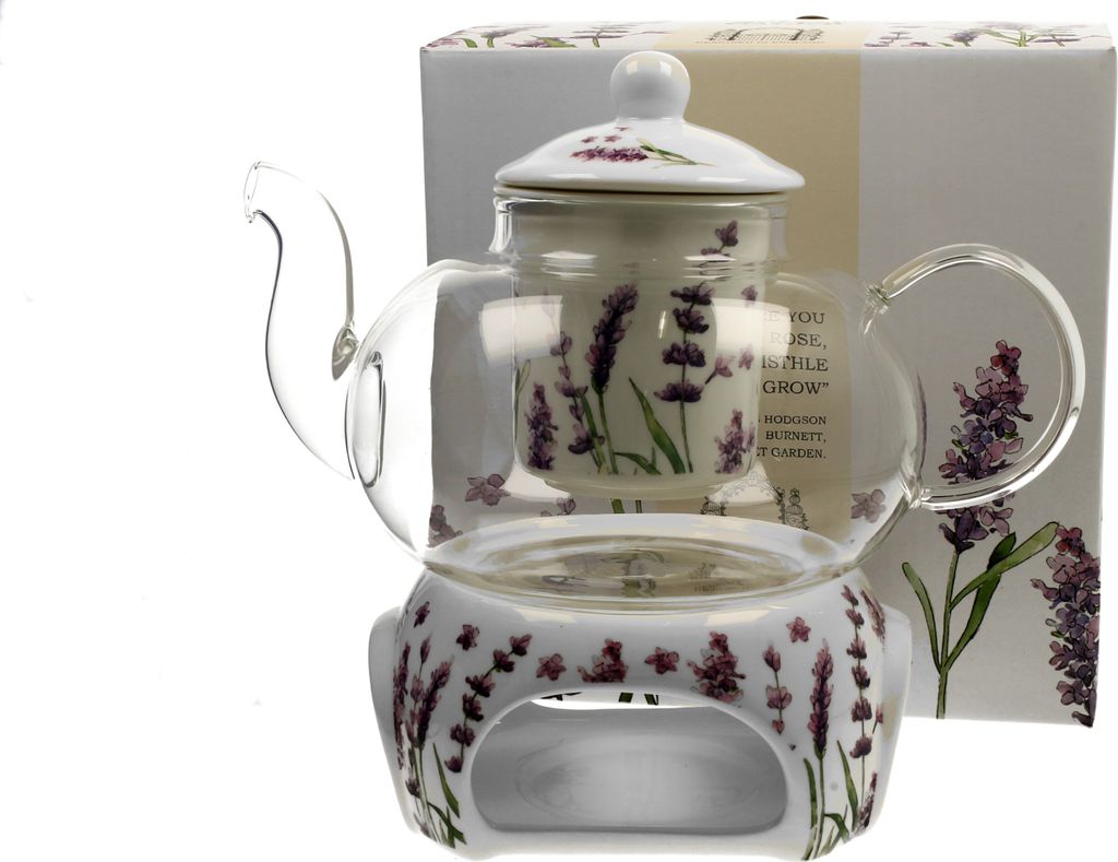 DUO FLORAL Teekanne 1000 ml CLASSIC LAVENDER mit Stövchen, Glas - New Bone China Porzellan