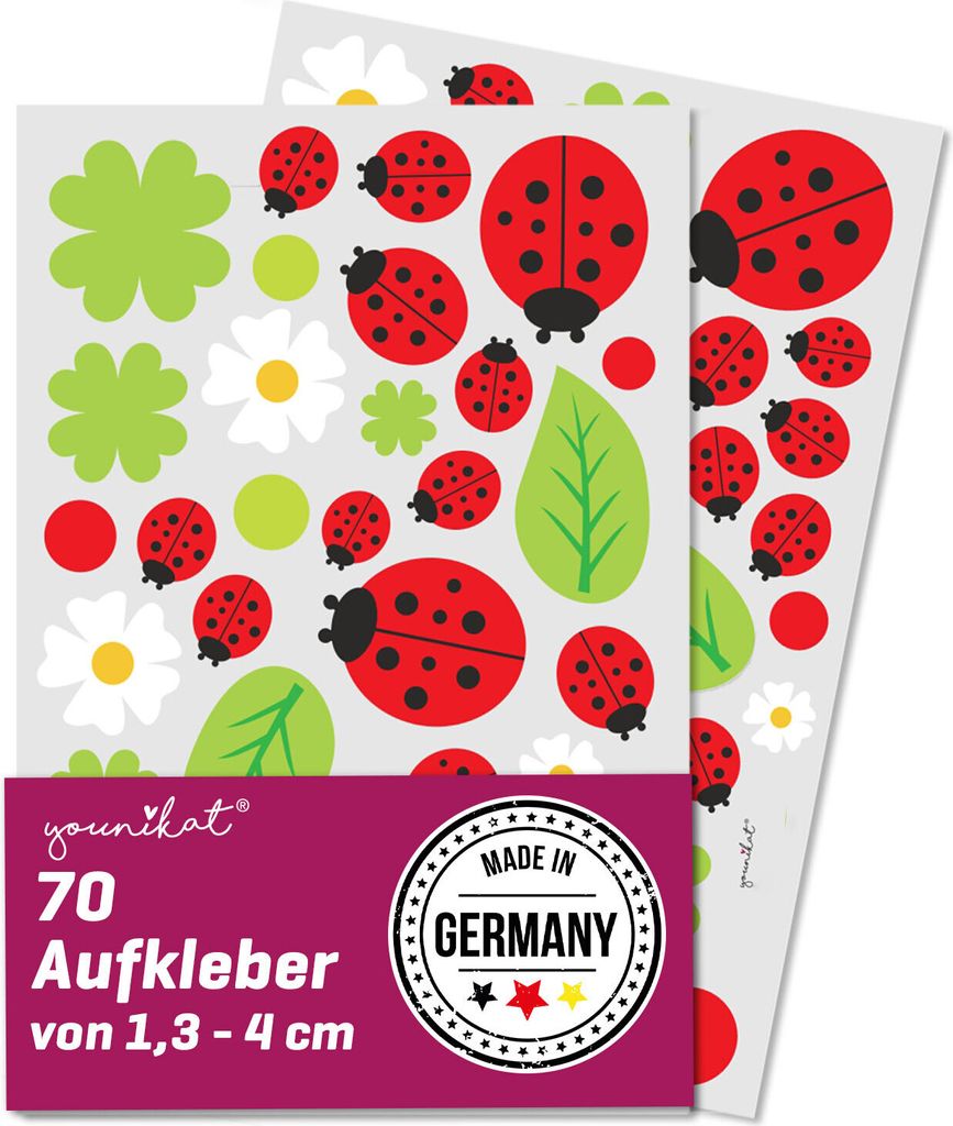 70er Set Aufkleber Marienkäfer-Glück I Ø 1,3-4 cm I bunt I UV-geschützt I Fahrrad-Aufkleber I selbstklebend I Kleeblatt I Sommer I Wetterfest I...