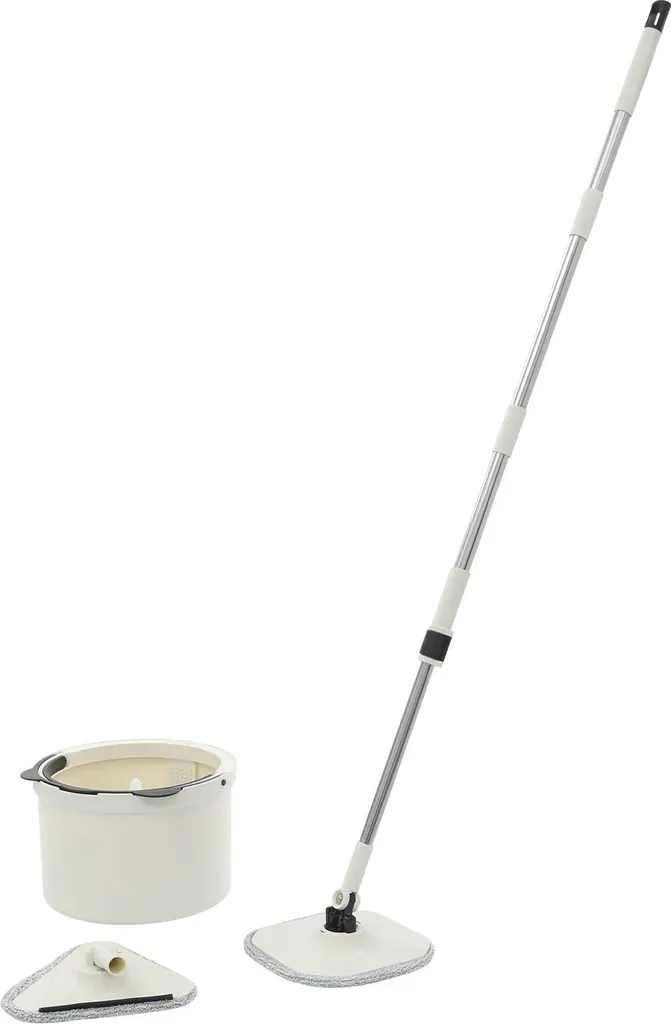 Set mop con secchio - Rotazione a 360° - Separazione acqua dolce/sporca - Testa quadrata e triangolare - Manico in acciaio inox - Bianco