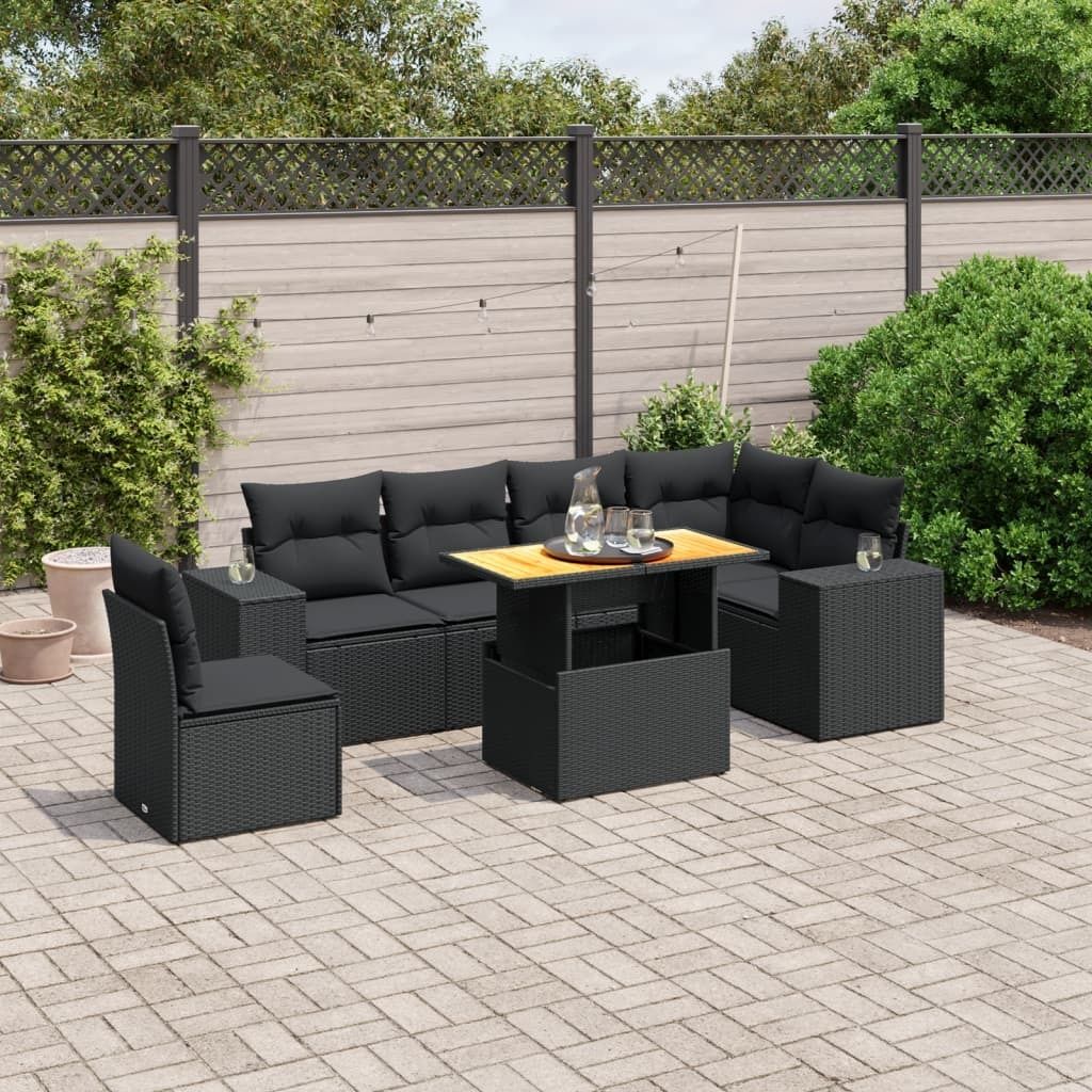 Design 7-tlg. Garten-Sofagarnitur mit Kissen Schwarz Poly Rattan, Gartenmöbel-Sets 2024 Neu
