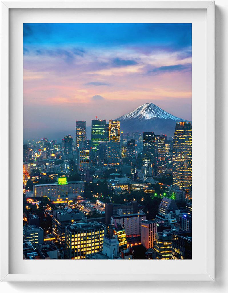 Stadt bei Nacht– Wandbild mit Rahmen – Gerahmtes Bild – Wanddekoration – 60x80 cm – Weiß Rahmen