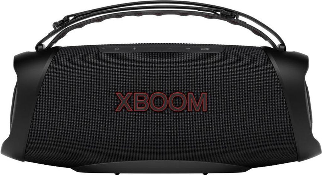 A black LG XBOOM GO XG8T wireless speaker with red lettering.