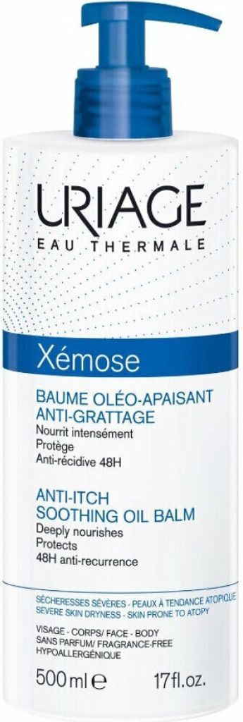 A product shot of a Uriage Xémose Anti-Itch Soothing Oil Balm bottle with a pump dispenser.