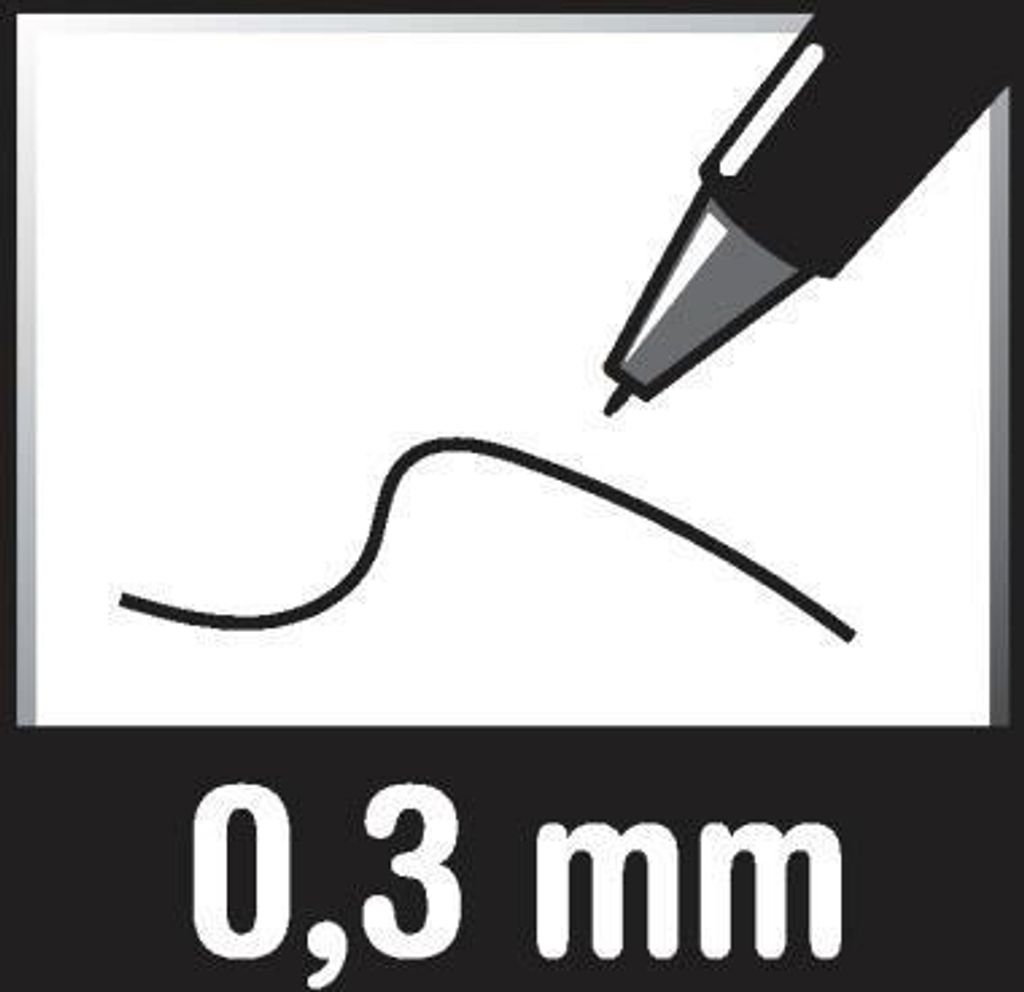 A close-up illustration of a pen tip drawing a wavy line, with the text '0,3 mm' below.