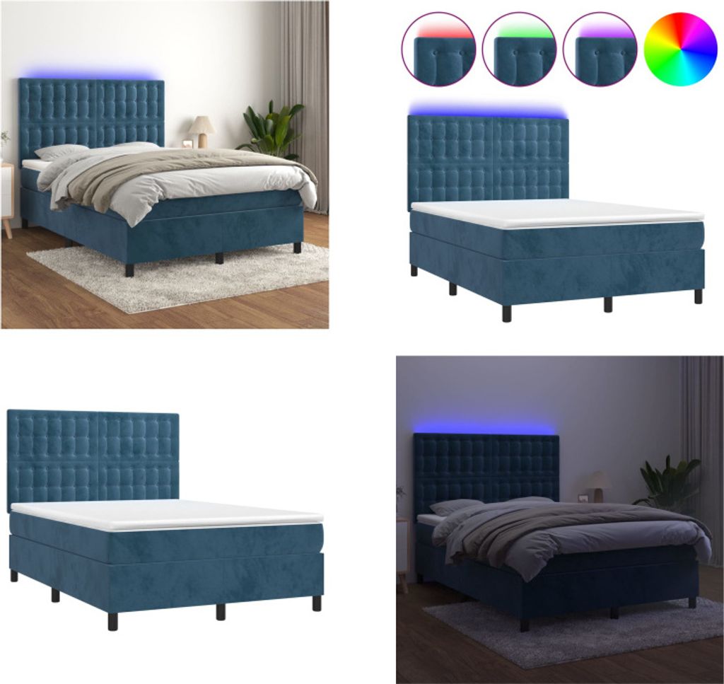 vidaXL Boxspringbett mit Matratze & LED Dunkelblau 140x200 cm Samt - Boxspringbett - Boxspringbetten - Bett - Betten