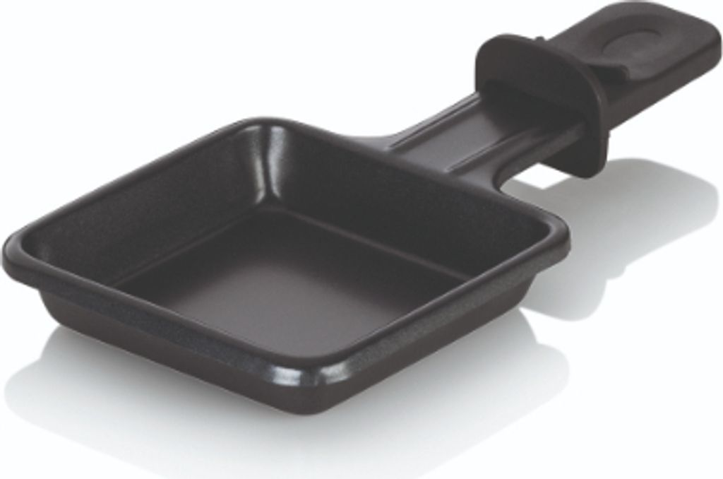 A black raclette pan with a handle is shown against a white background.