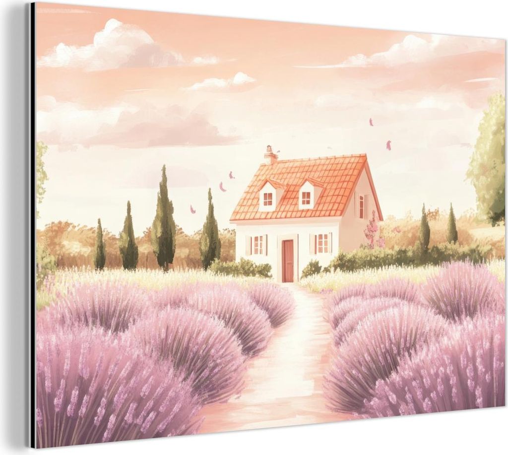 MuchoWow Wanddekoration Metall Metallbild Wandkunst 90x60 cm Lavendelfeld - Haus - Lila MuchoWow Aluminium Gemälde - Wandbilder