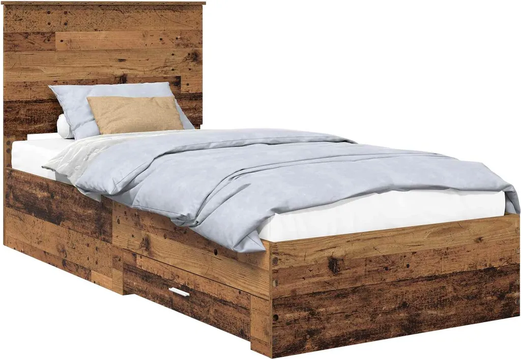 Cadre de lit 100x200 cm vieux bois : structure stable avec tête de lit