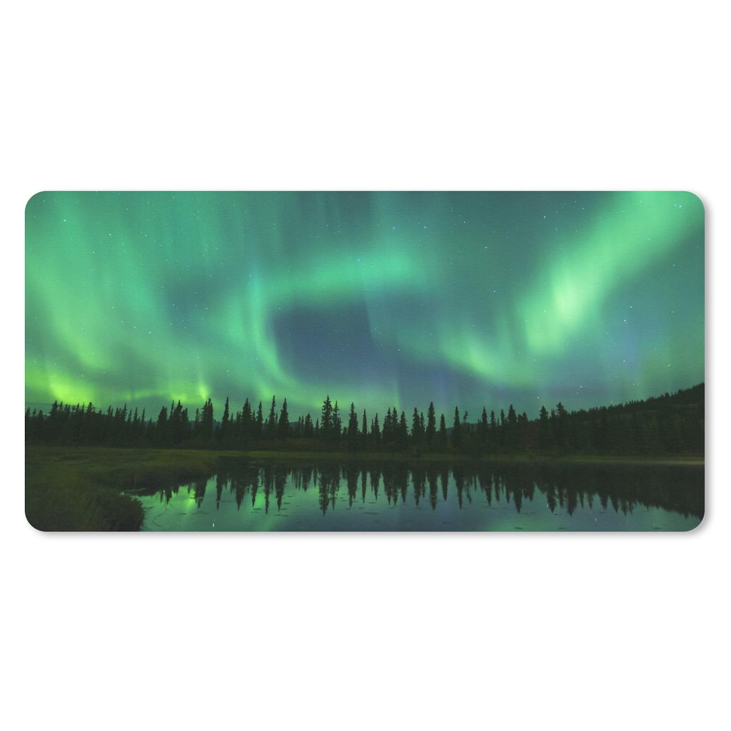 MuchoWow Schreibtischunterlage Nordlicht - Bäume - Wasser - Alaska 80x40 cm - XXL Mauspad - Gaming Mauspad