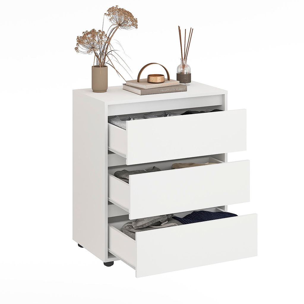 KOMTO Kommode Weiß – Schubladenschrank für Schlafzimmer & Wohnzimmer | 3 Schubladen | Linoa 3S | 70×40×81 cm