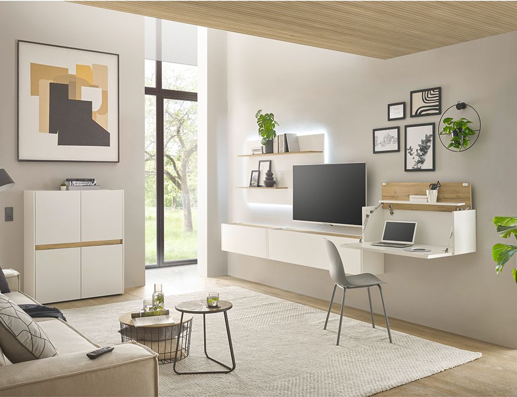 Wohnzimmer Set weiß mit Eiche CRISP-61 modern 5-teilig mit Homeoffice-Lösung