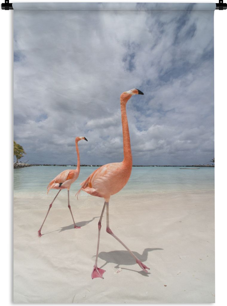 MuchoWow Wandteppich Wandbehang Zwei Flamingos auf einer Insel in Aruba 90x135 cm Tapisserie Dekoration Wandtuch - Baumwolle - Wandskulptur