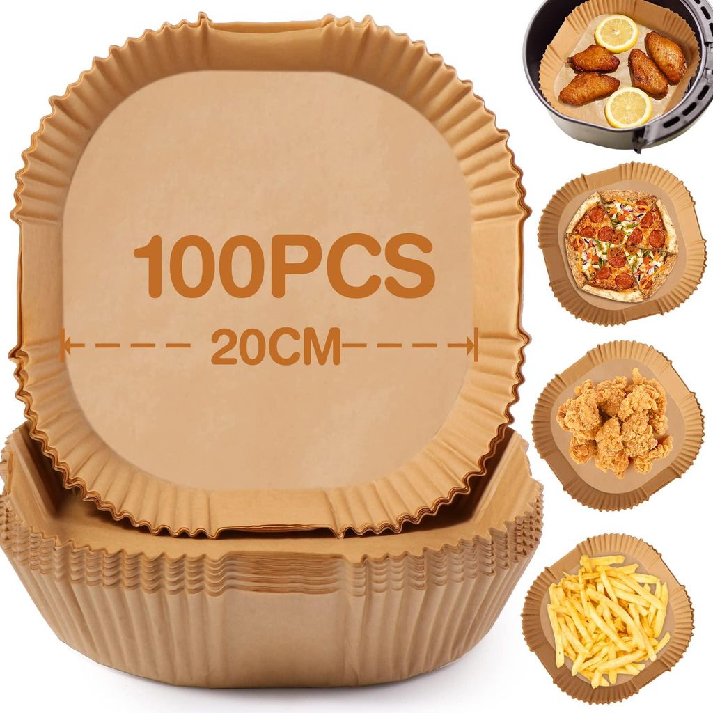100 Blatt Backpapier für 4,5-8 Liter Heißluftfritteusen, rechteckig, 20-24 cm, Antihaftbeschichtung, kompatibel mit COSORI, Philips und Cecotec.