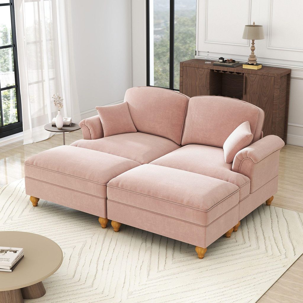 Sofa Modulares 2-Sitzer Sofa mit Bettfunktion – Chenille sofas wohnzimmer Sofa mit abnehmbarer Rüschenschürze, tiefem Sitz & flexiblem Hocker