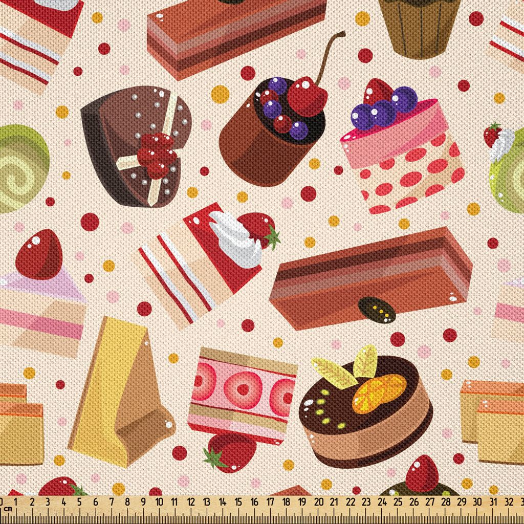 ABAKUHAUS Dessert Satin Stoff als Meterware, Muster mit Süß Fruchtig und Schokoladen-Kuchen auf dem bunten punktierten Hintergrund, 3 M (148 x 30...