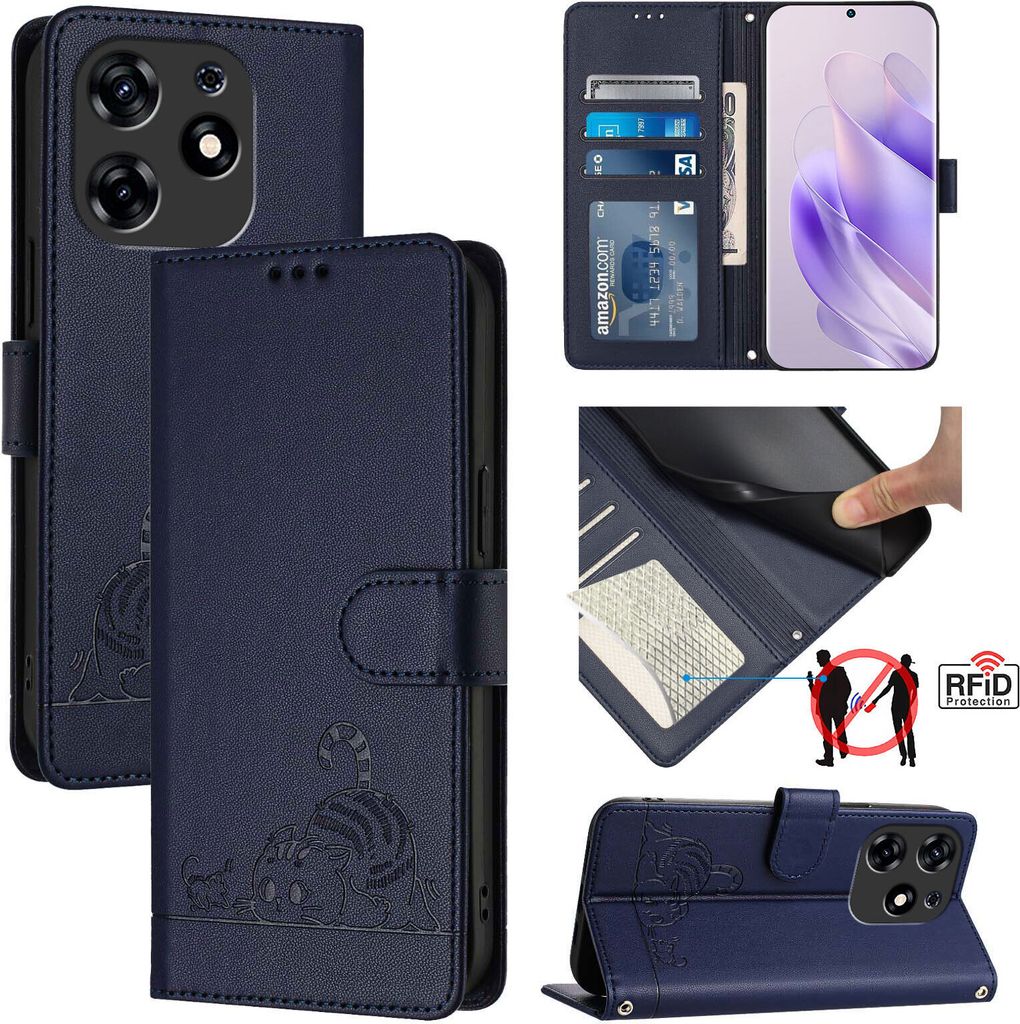 Leder Hülle für Tecno Spark 10 Pro Süße Katze Flip Case Brieftasche Schutzhülle mit Standfunktion Blau