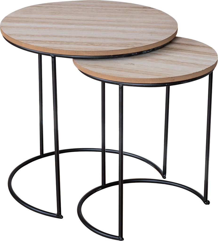 2er Set Beistelltische Metall Schwarz Holz Rund Couchtisch Industrial Sofatisch