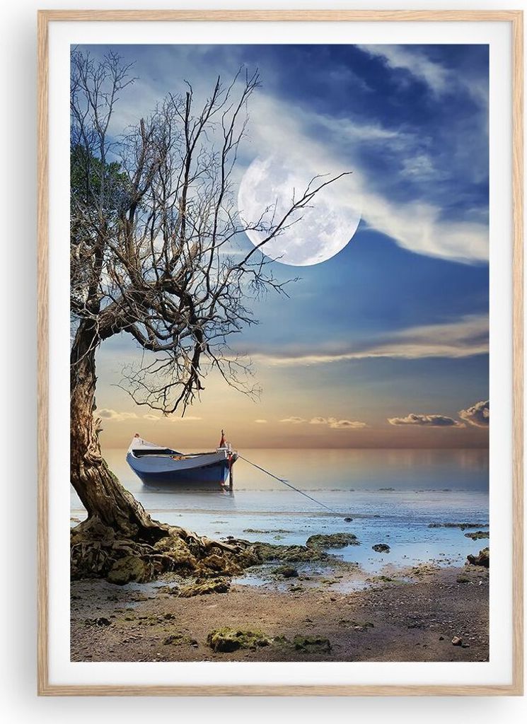 Gerahmtes Poster - Rahmen in heller Eiche - Nacht Mond Boot - 70x100 cm - Wand Bild - Wanddeko - Wandbilder - Wandposter - Bilderrahmen - Bilder - ...