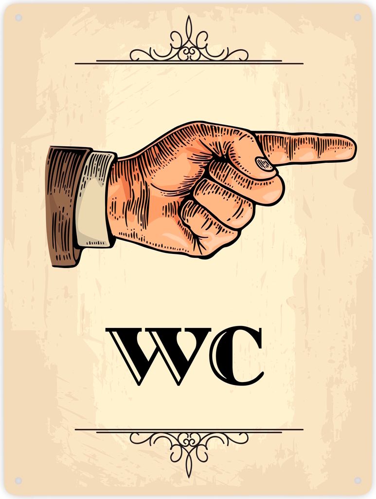 Vintage WC Richtungs Schild mit Hand nach rechts in beige Metallschild XXL