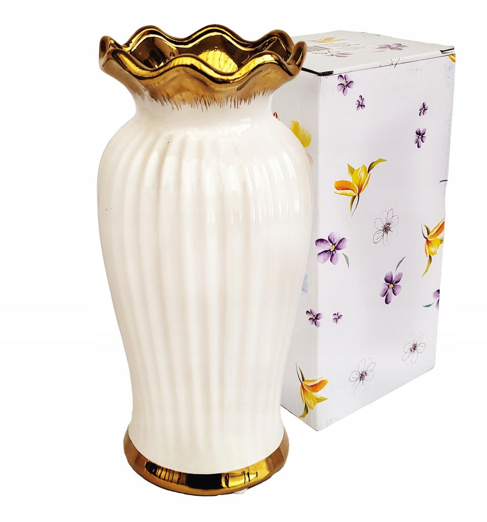 Keramikvase Weiß Gold Modern Glamour Blumenvase Dekoration Hochglanz 31 cm Wohnzimmer Tischdeko