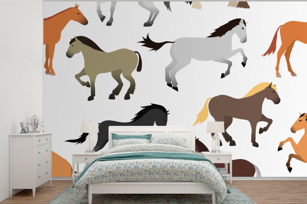 MuchoWow Fototapete für Wohnzimmer oder Schlafzimmer Wandtapete Vinyl Motivtapete Pferde - Farben - Muster - Mädchen - Kinder - Mädchen - 525x...